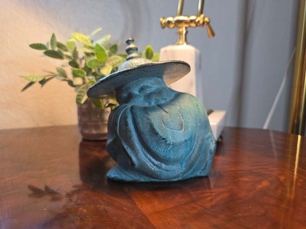 Vintage Patinated Brass Sleeping Buddha Scholar Figurine with Brimmed Hat